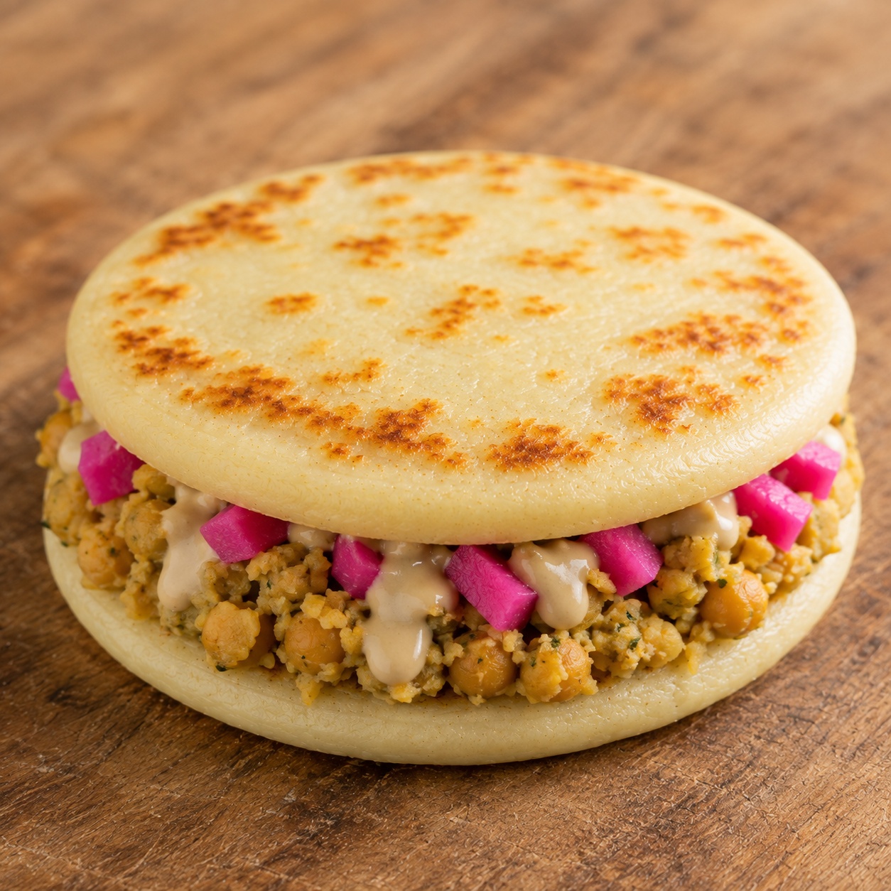 Two arepas sandwiched with mashed spiced chickpeas, tahini drizzle and pink pickled turnip