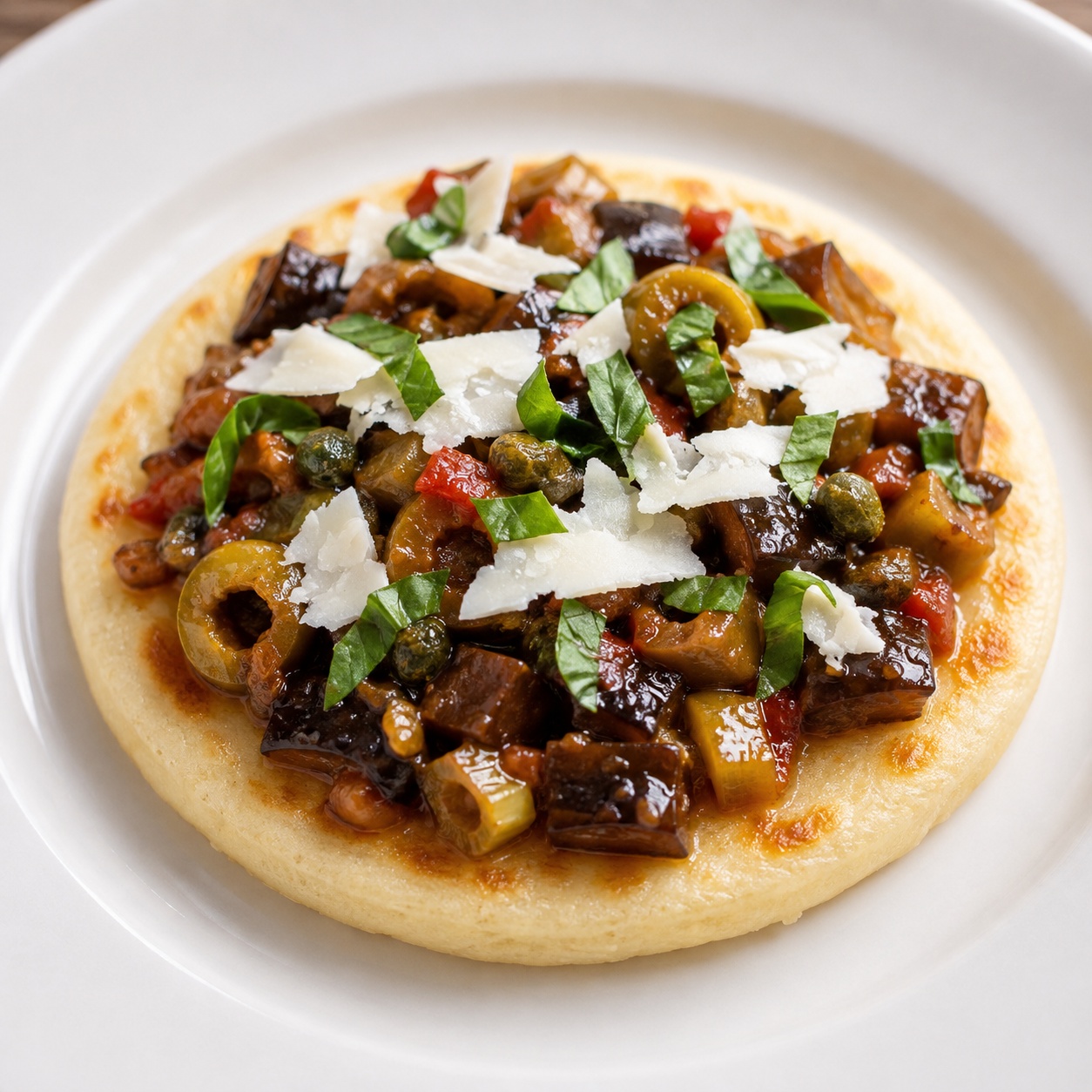 Arepa topped with sweet-and-sour caponata and shaved ricotta salata