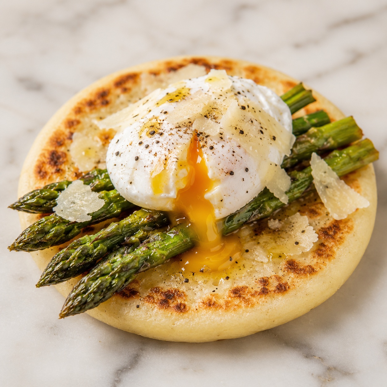 Arepa topped with asparagus spears, a poached egg and shaved parmesan