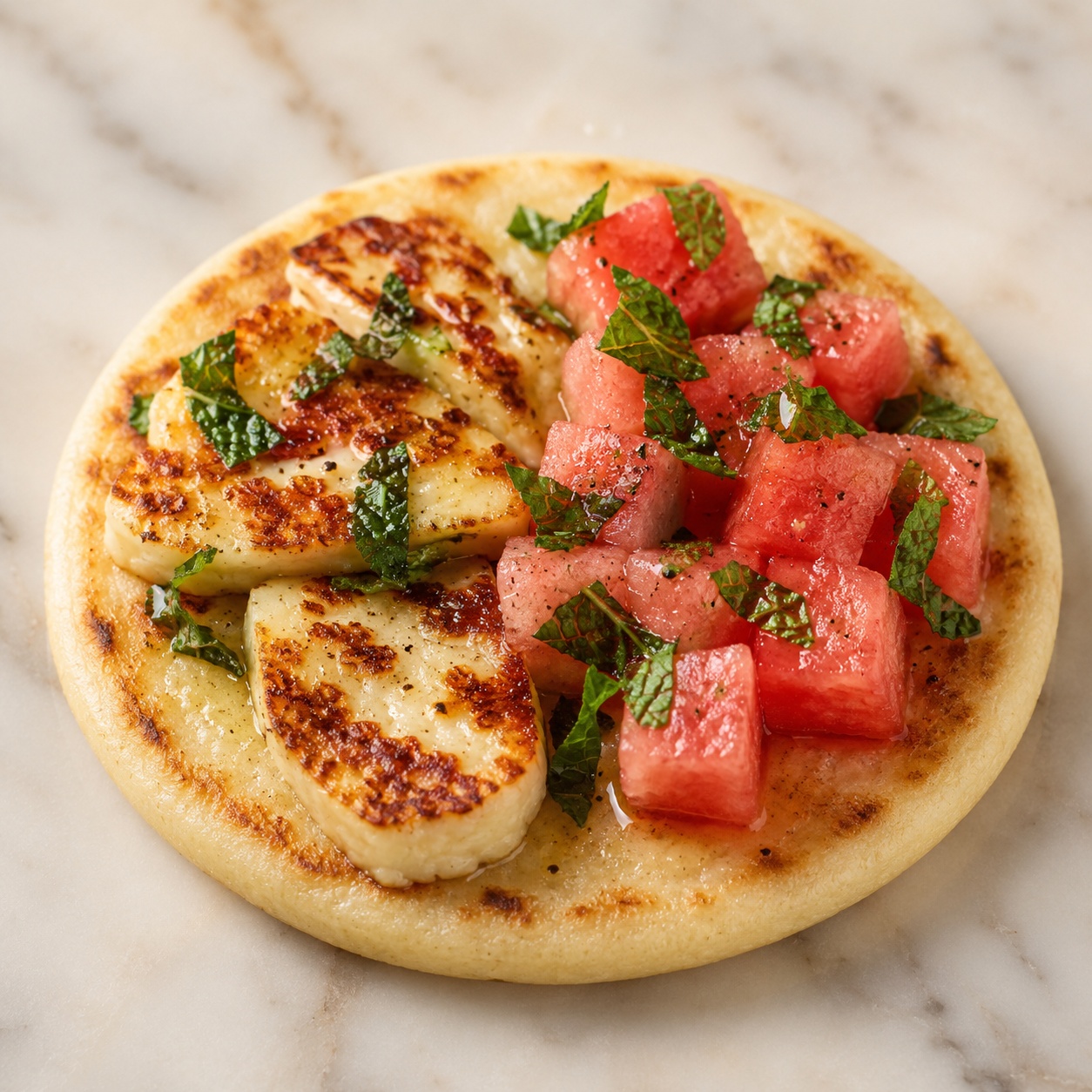 Arepa topped with seared halloumi, pink watermelon cubes and mint
