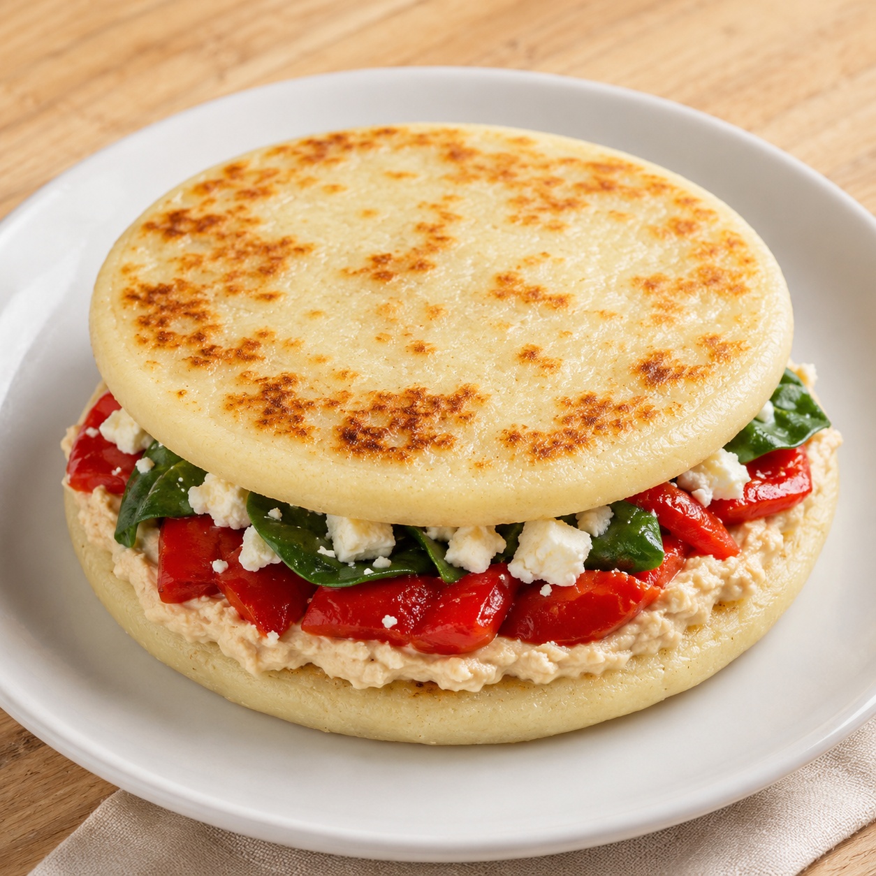 Two arepas sandwiched with hummus, roasted red pepper strips, feta and spinach