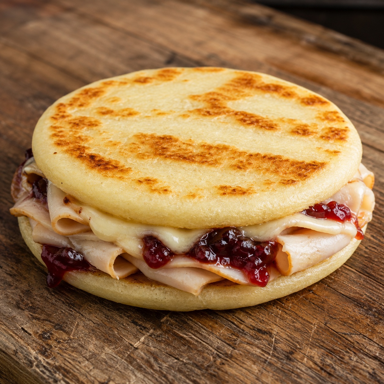 Two arepas pressed together with turkey, melted havarti and cranberry sauce