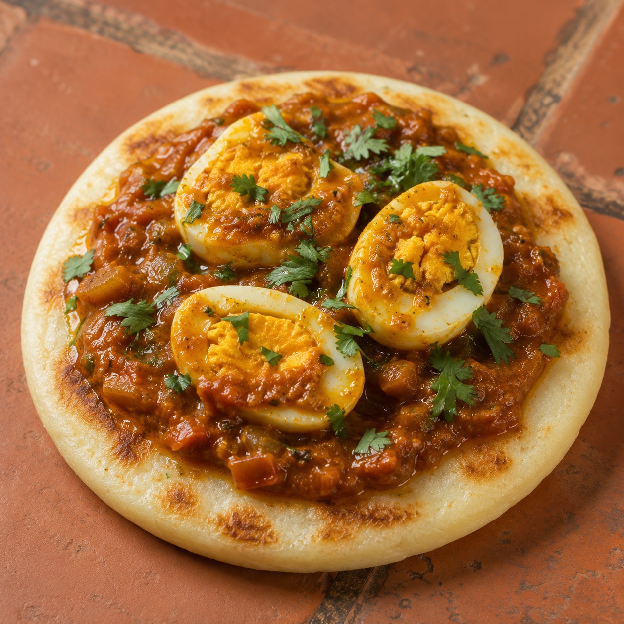 Arepa topped with halved hard-boiled eggs in a spiced tomato curry