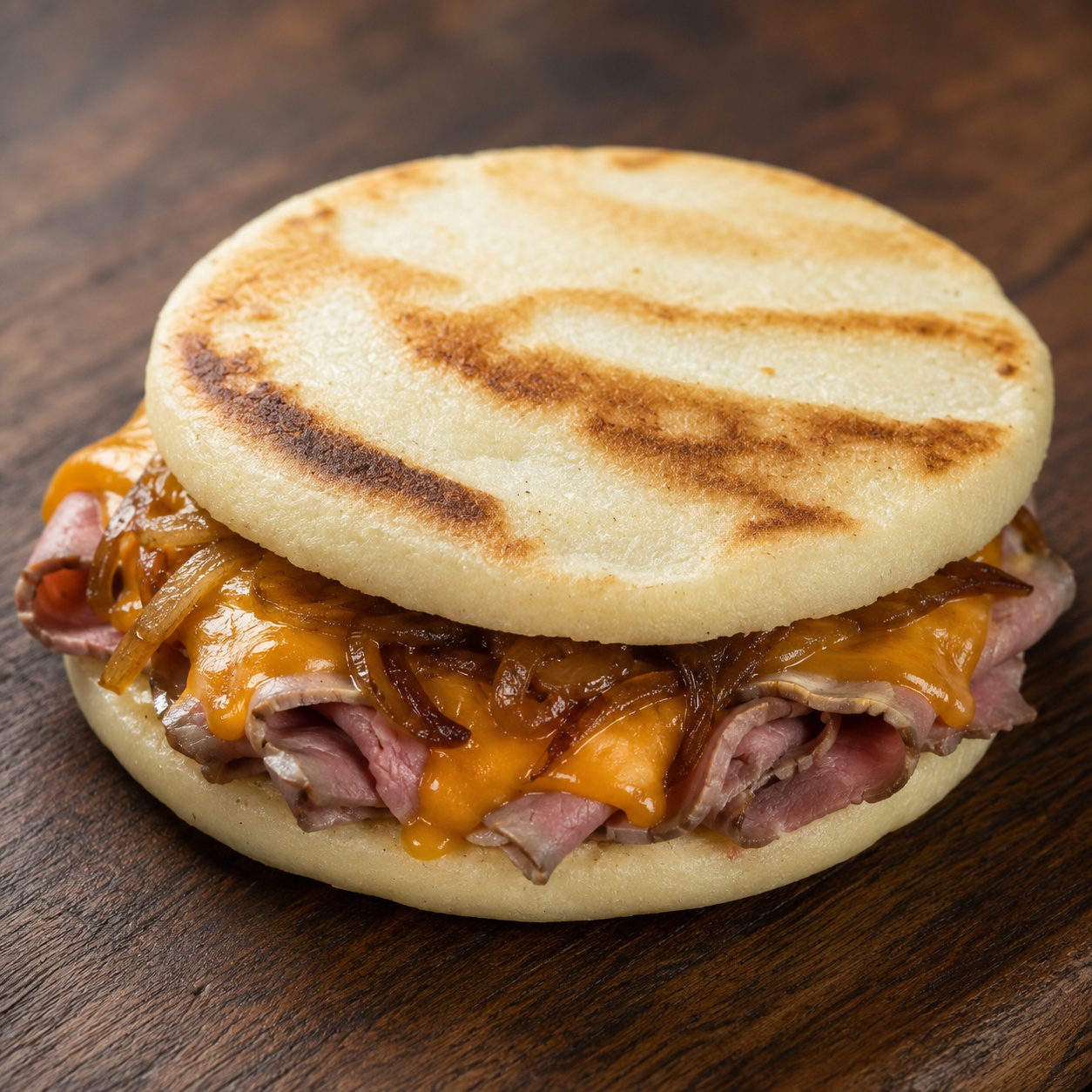 Two arepas pressed together with roast beef, melted cheddar and caramelized onion