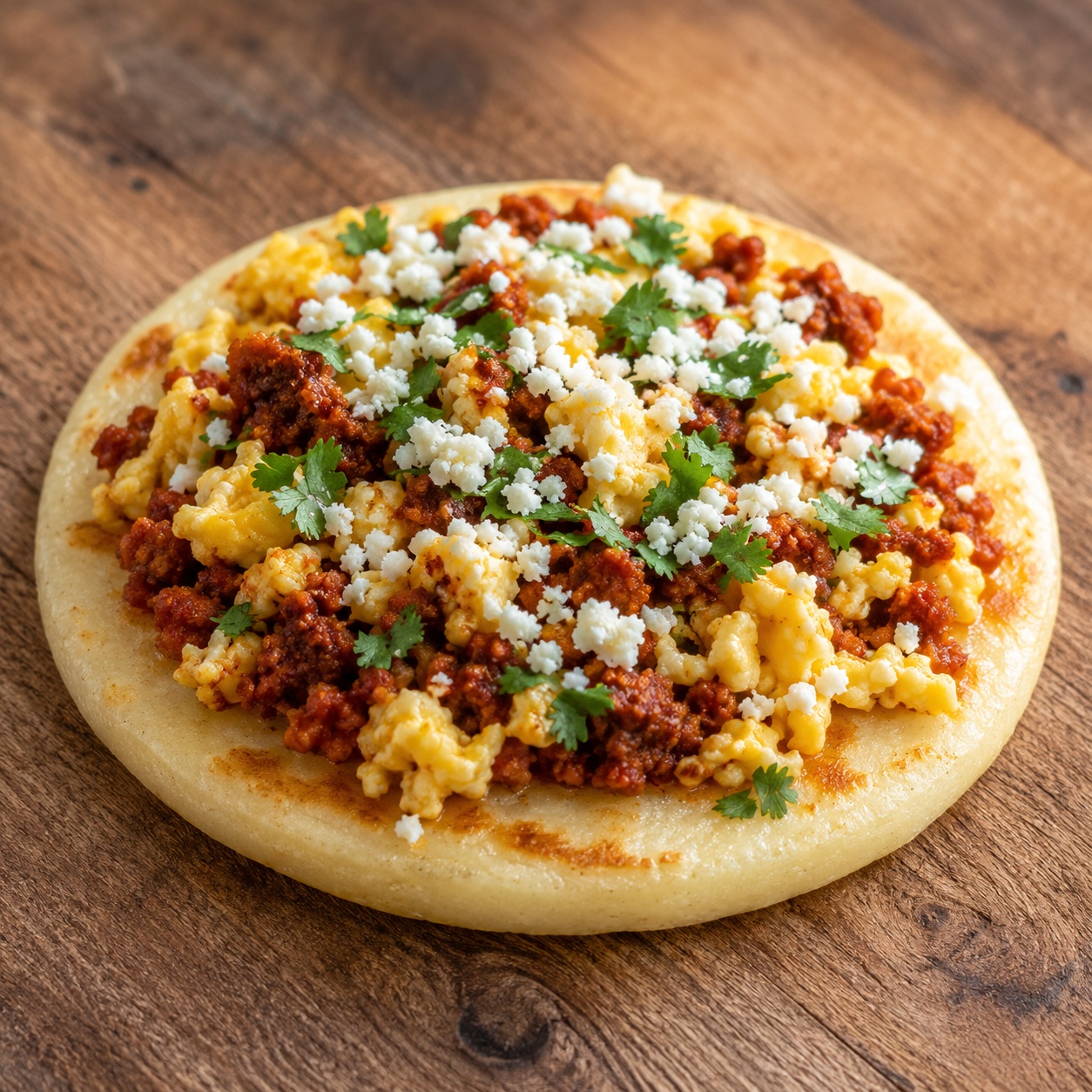 Arepa topped with chorizo and scrambled egg with crumbled cotija cheese