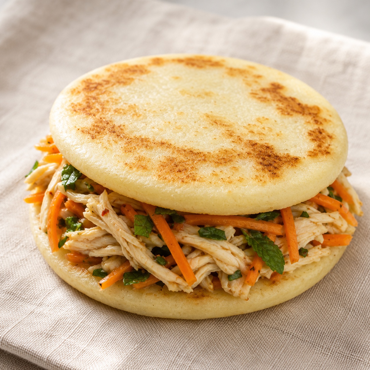 Two arepas sandwiched with lime-dressed shredded chicken, pickled carrot and mint