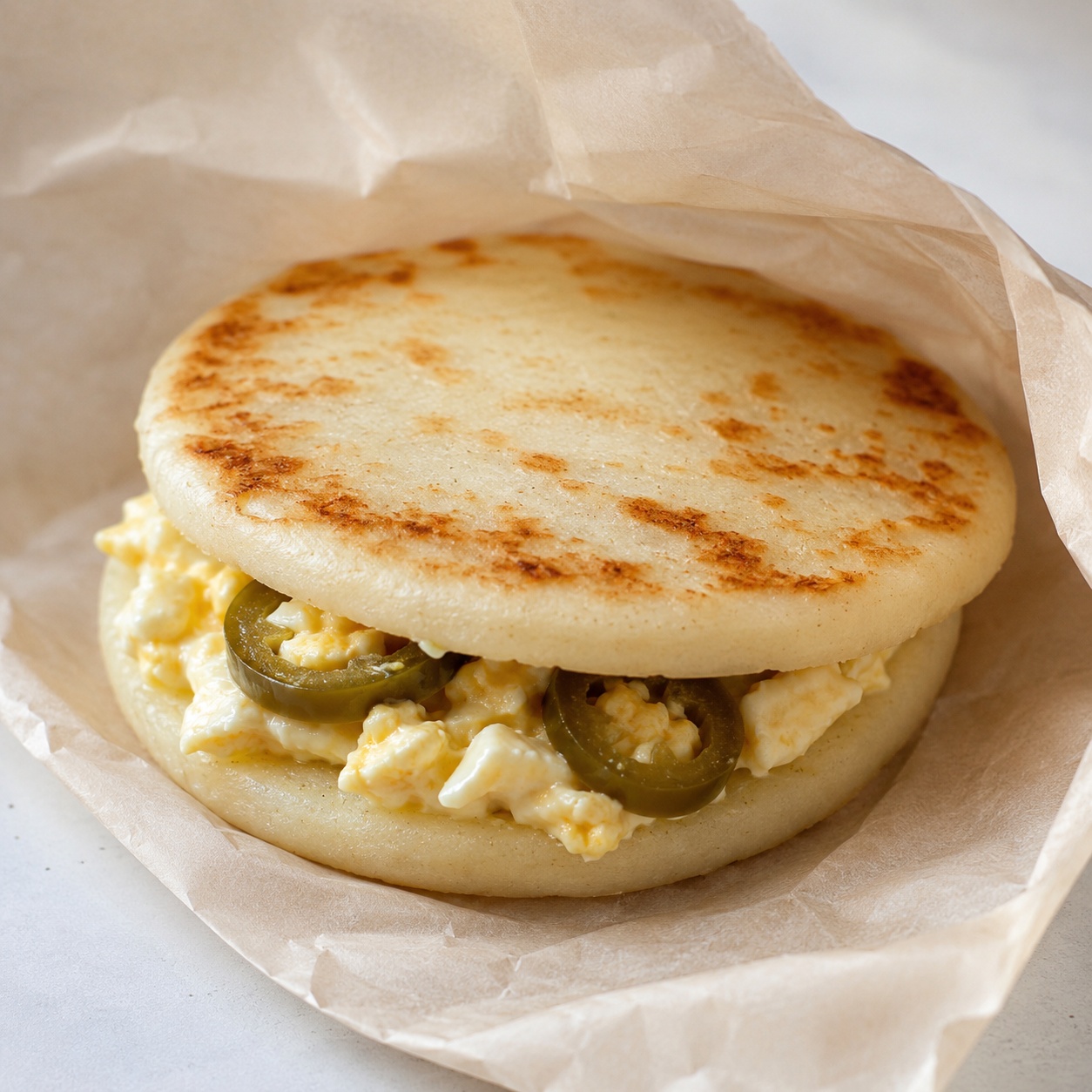 Egg Salad and Pickled Jalapeño Arepa Sandwich — Gluten-Free On-the-Go