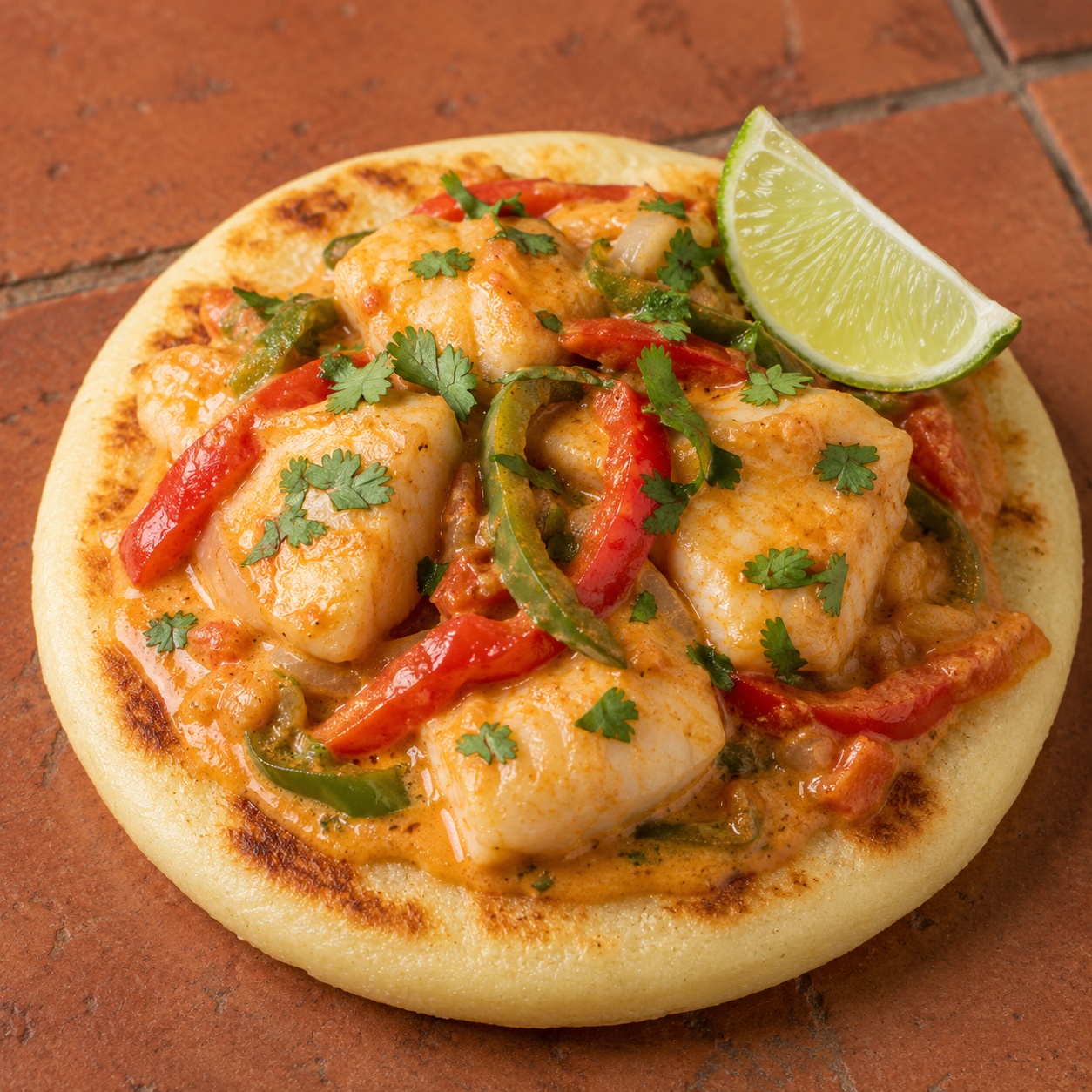 Arepa topped with white fish in a coconut-tomato moqueca sauce