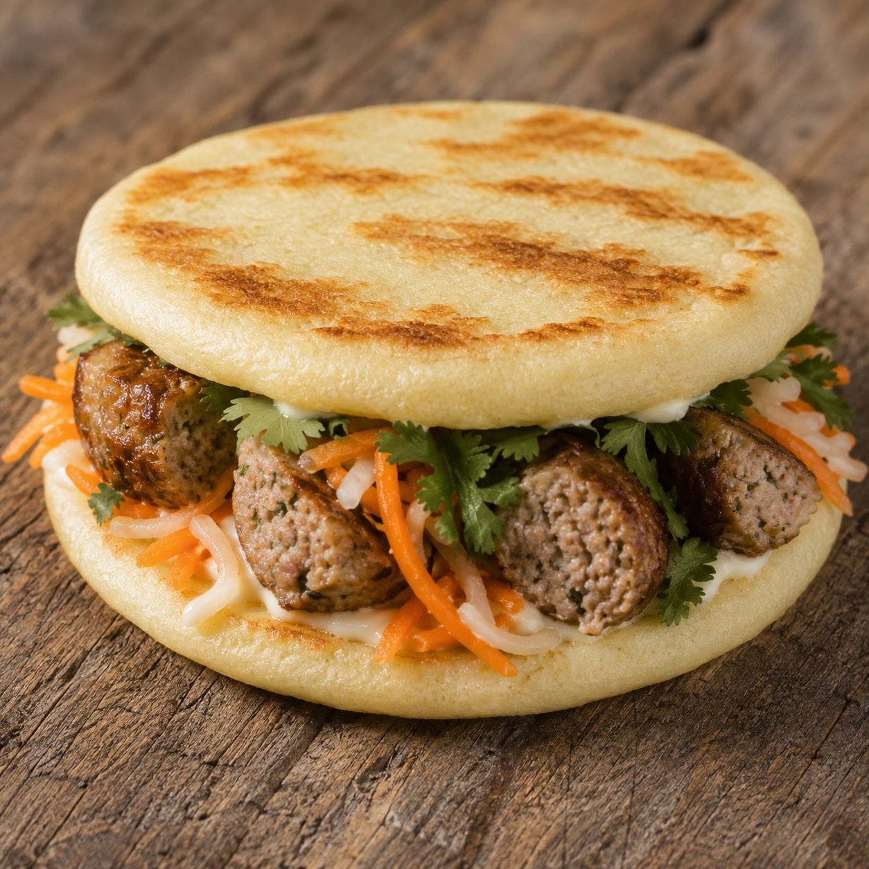 Two arepas pressed together with pork meatballs, pickled carrot and cilantro