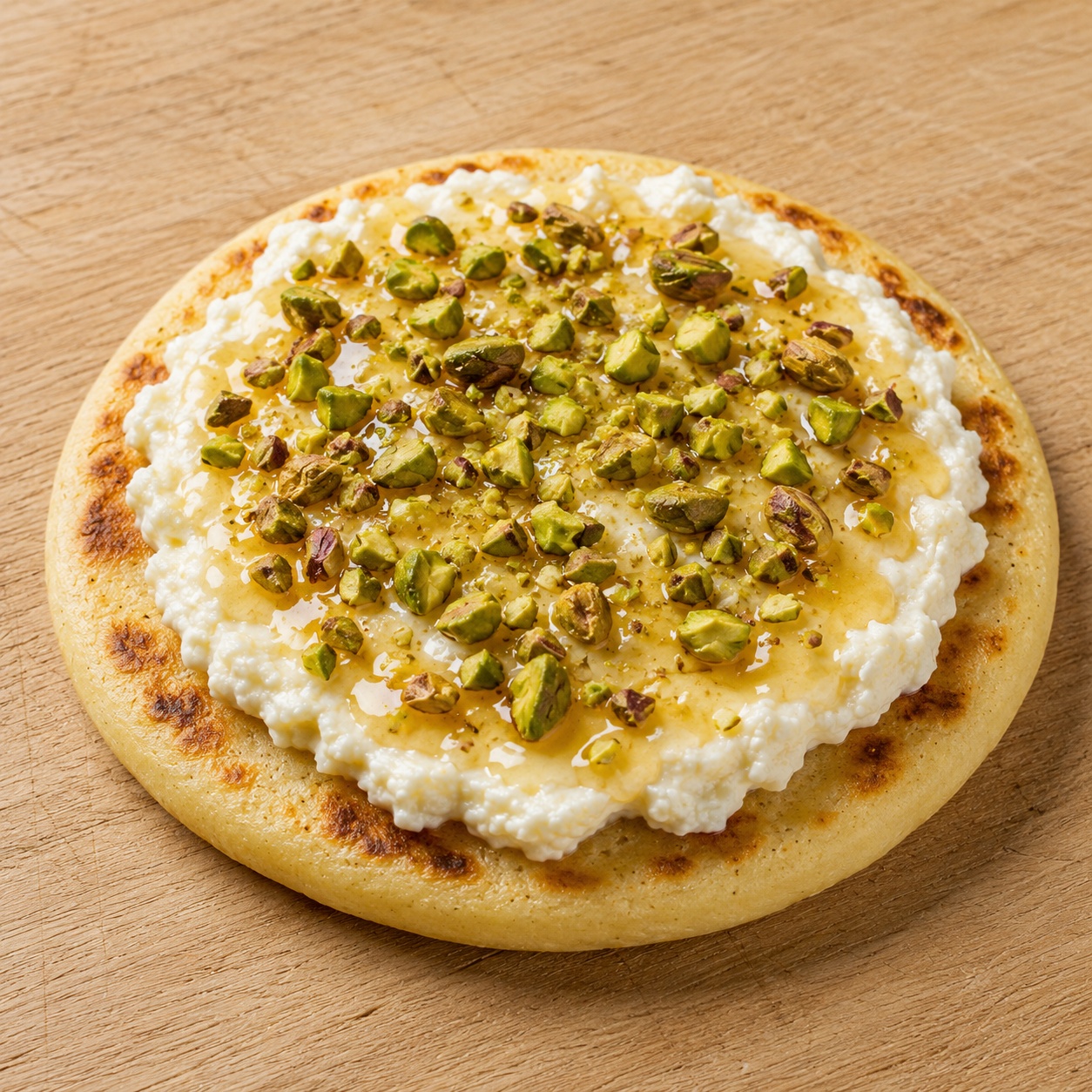 Arepa spread with fluffy ricotta, honey and chopped pistachio