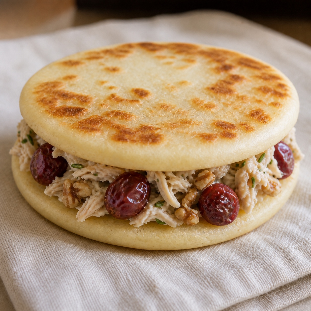 Two arepas sandwiched with chicken salad, roasted grapes and rosemary