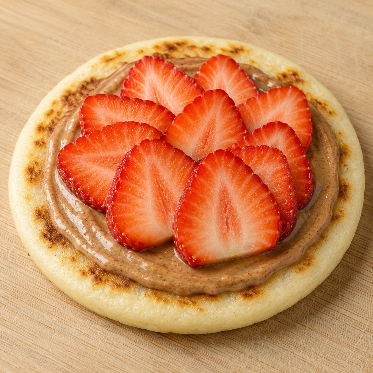 Arepa spread with almond butter and sliced strawberries