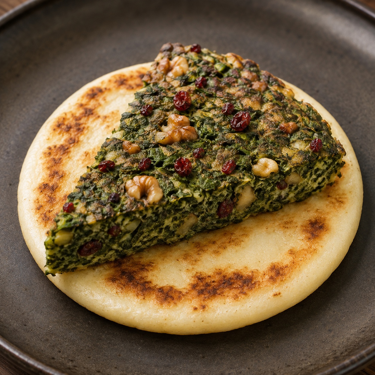 Arepa topped with a wedge of bright green Persian herb frittata
