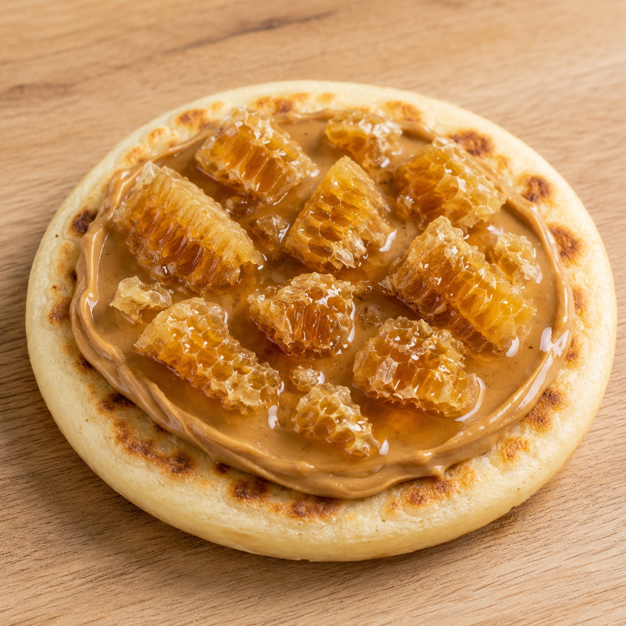 Arepa spread with peanut butter and crumbled honeycomb