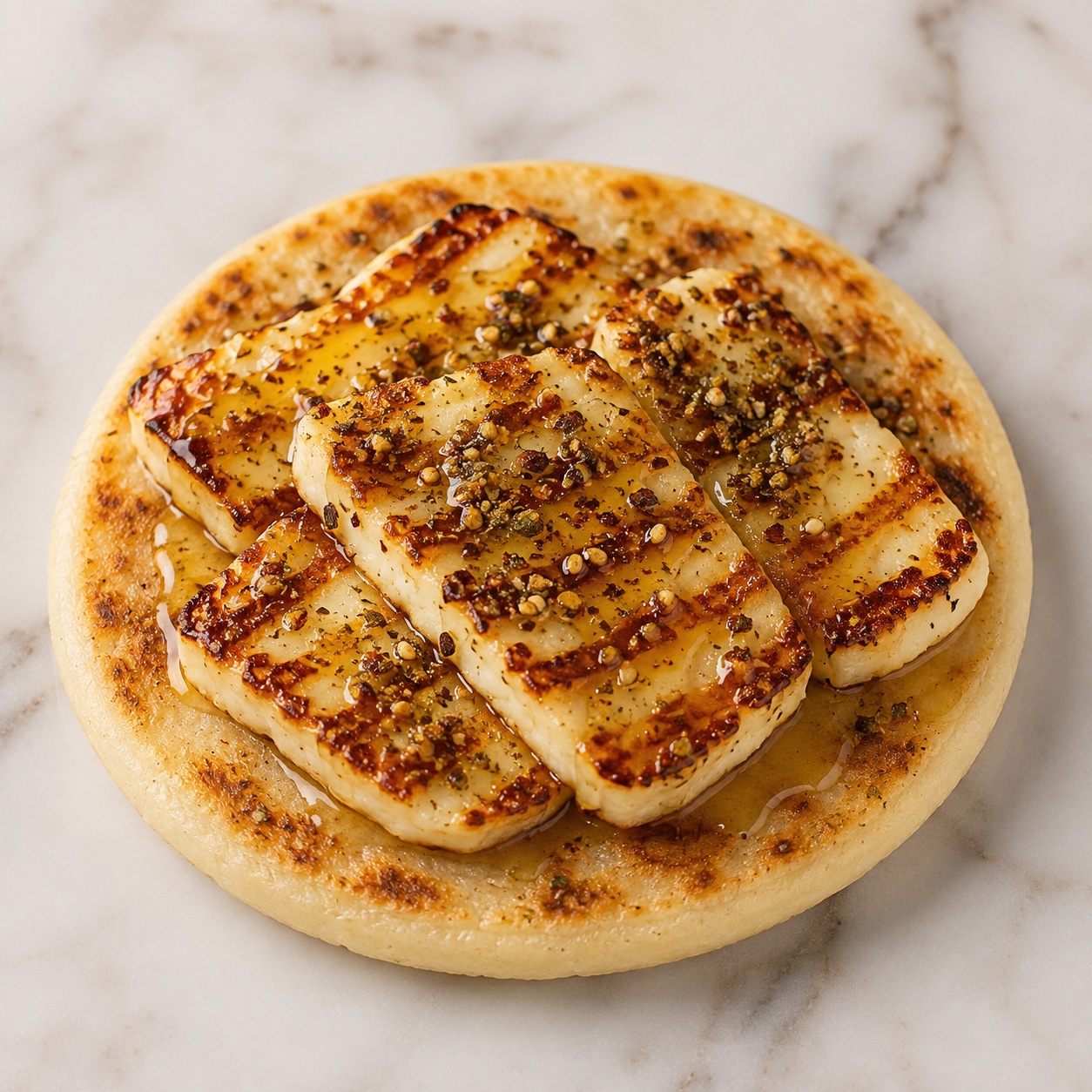 Arepa topped with golden fried halloumi, honey and za'atar