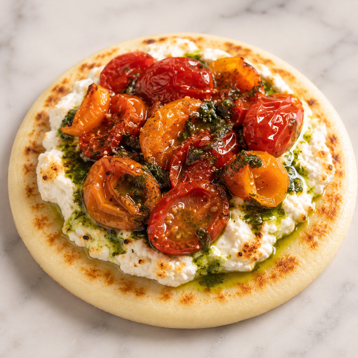 Arepa with warm baked ricotta, blistered cherry tomatoes and green basil oil