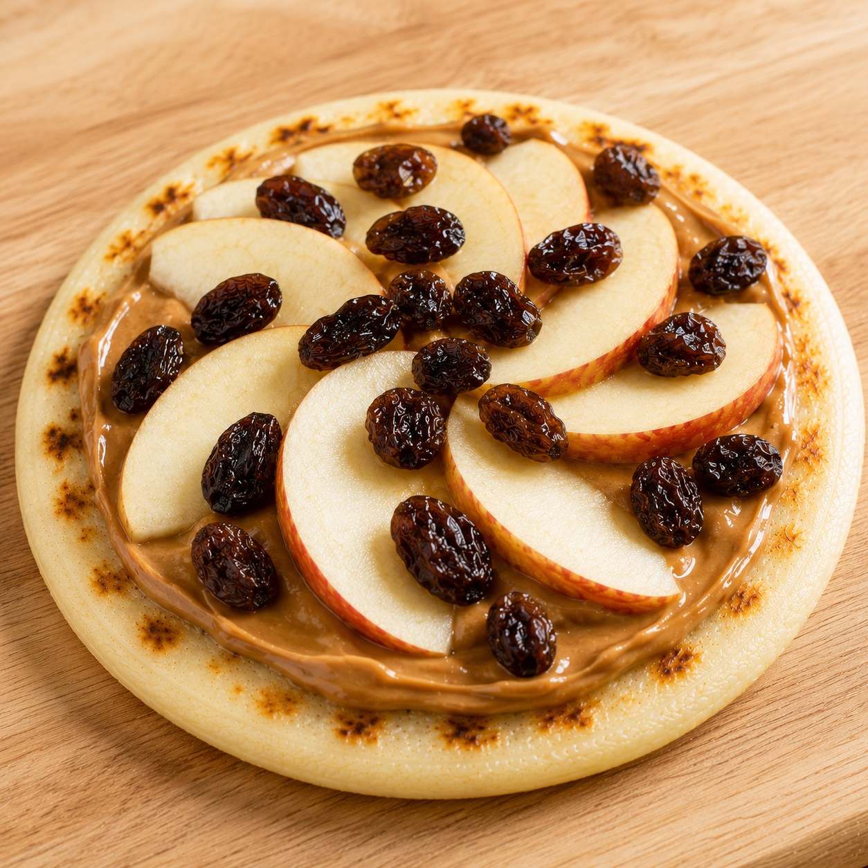 Arepa spread with peanut butter, thin apple slices and raisins