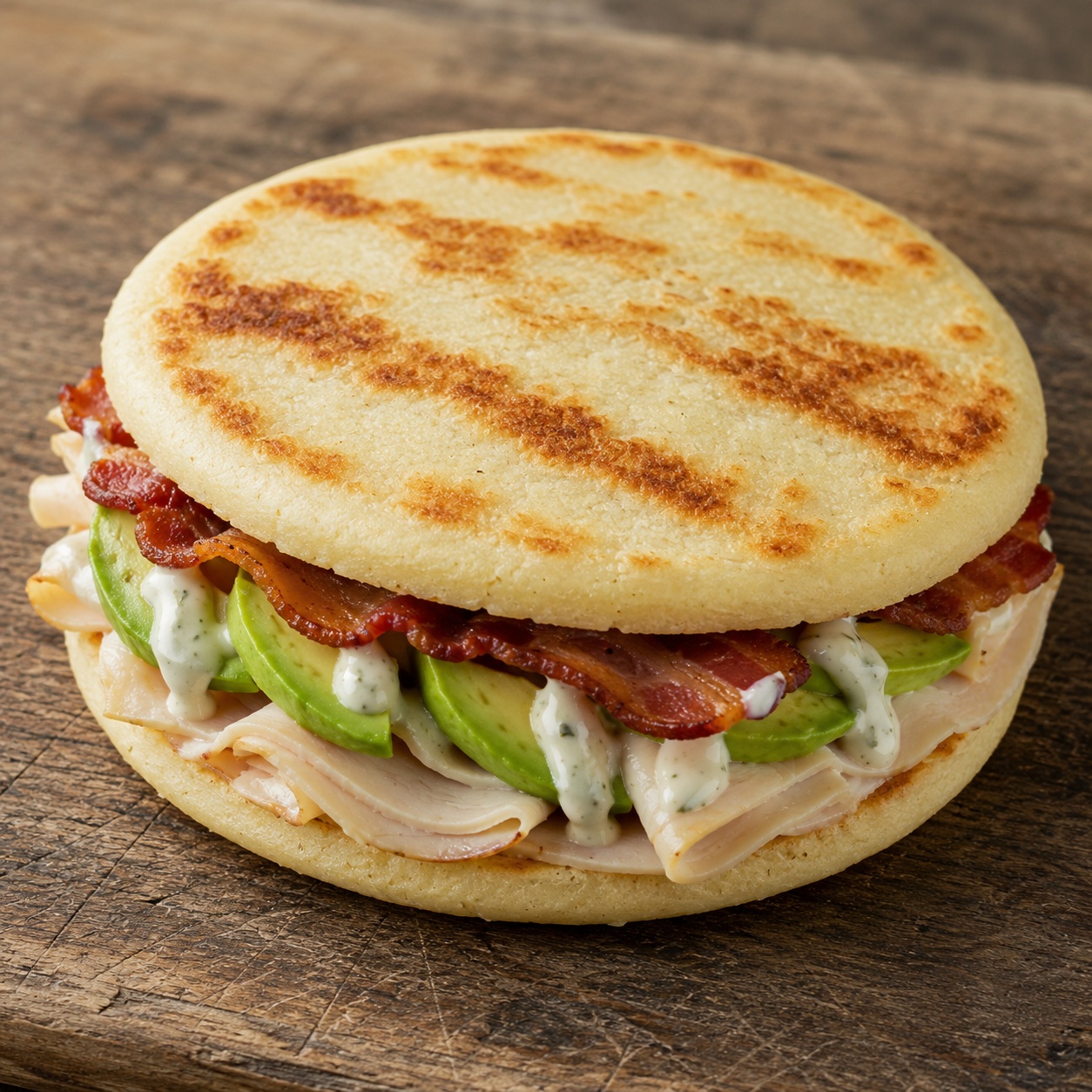 Two arepas pressed together with turkey, bacon, avocado and ranch