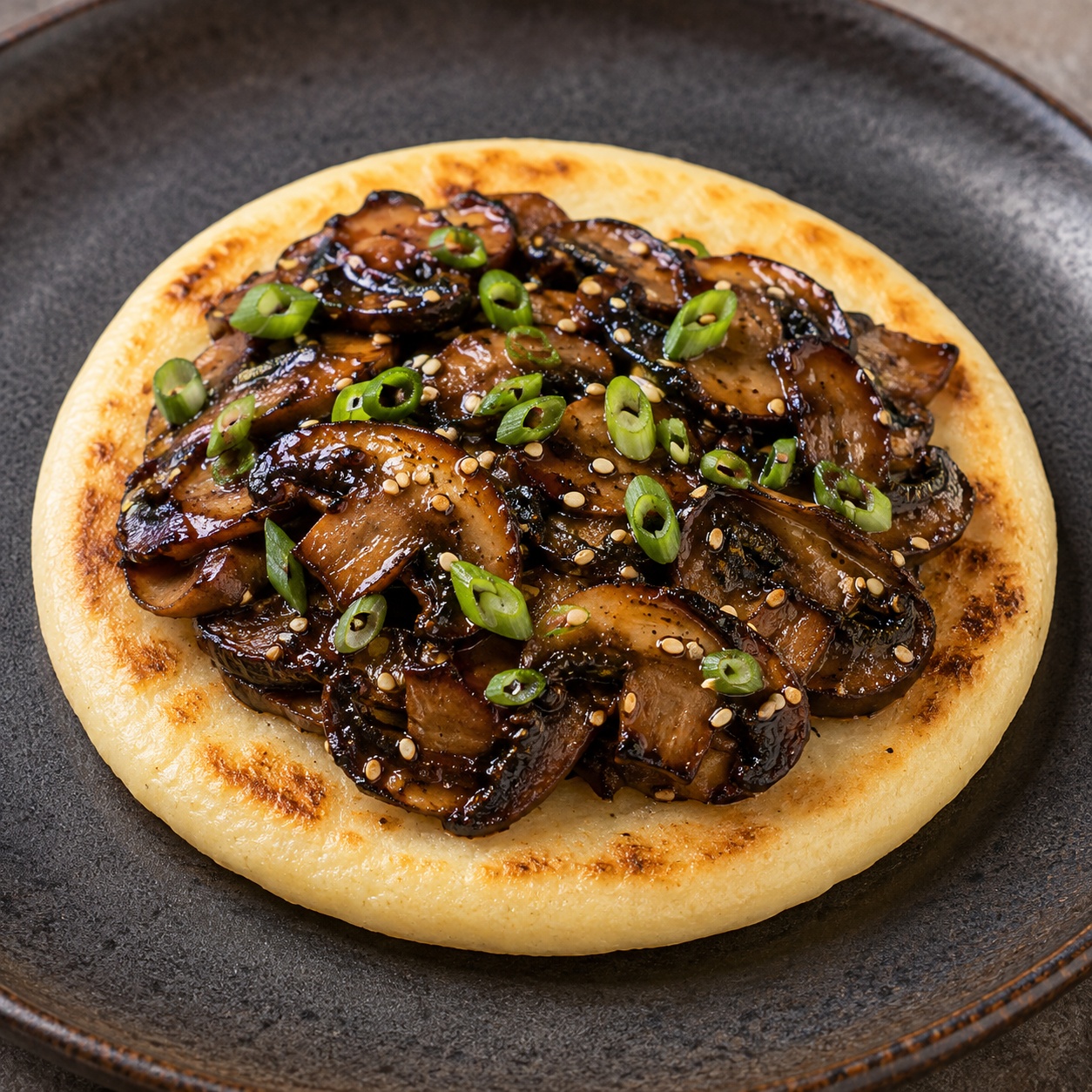 Arepa topped with glossy caramelized bulgogi mushrooms and scallion