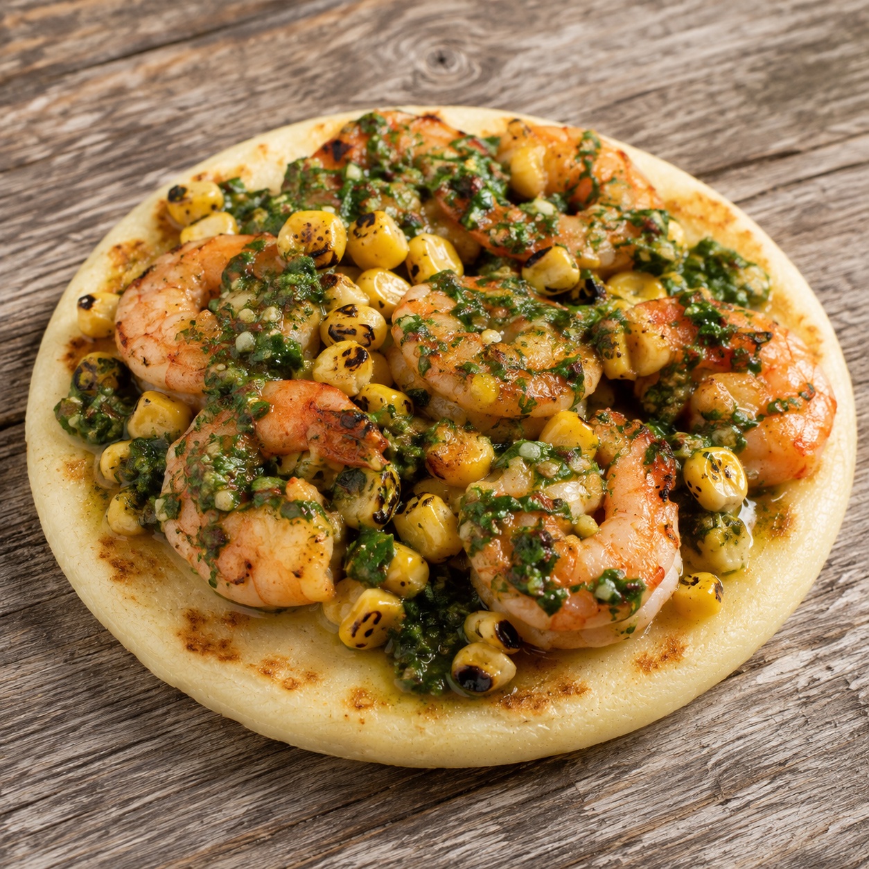 Arepa topped with seared shrimp, charred corn and green chimichurri sauce