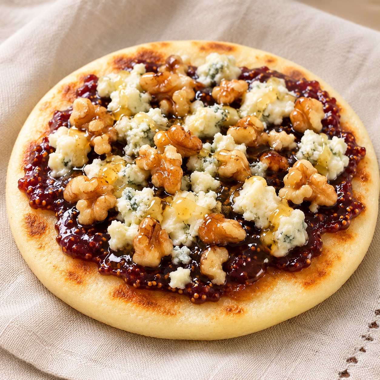 Arepa topped with fig jam, crumbled blue cheese and toasted walnuts