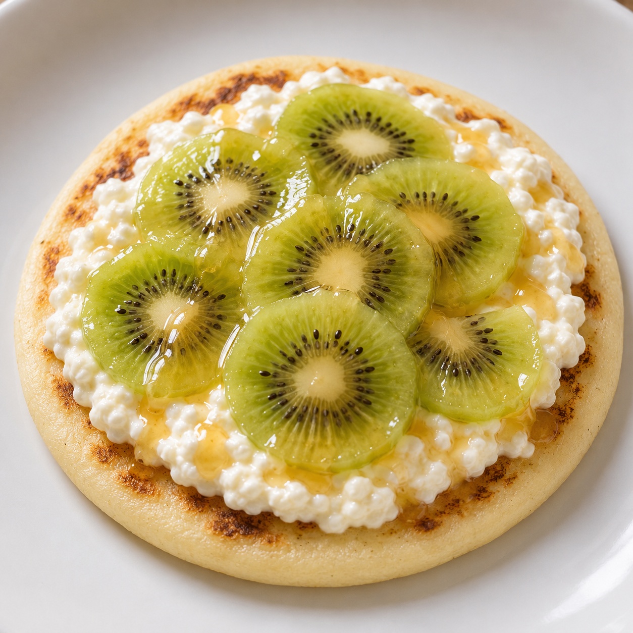 Arepa spread with cottage cheese, sliced kiwi and honey