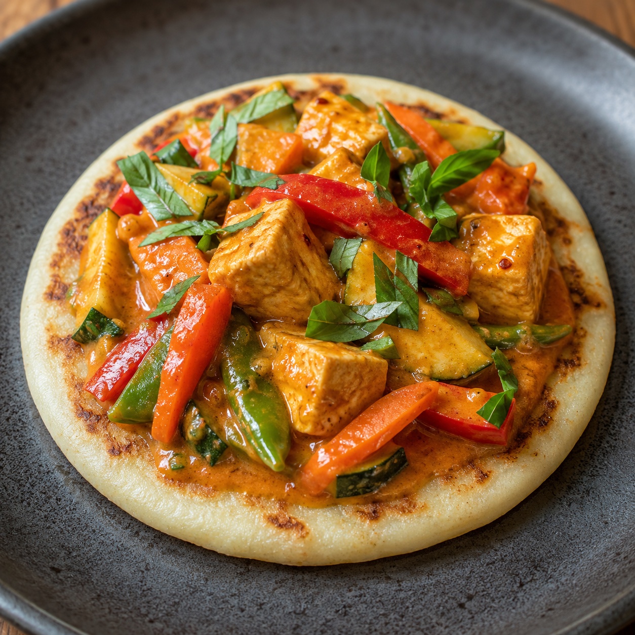 Arepa topped with tofu and vegetables in a red Thai curry sauce