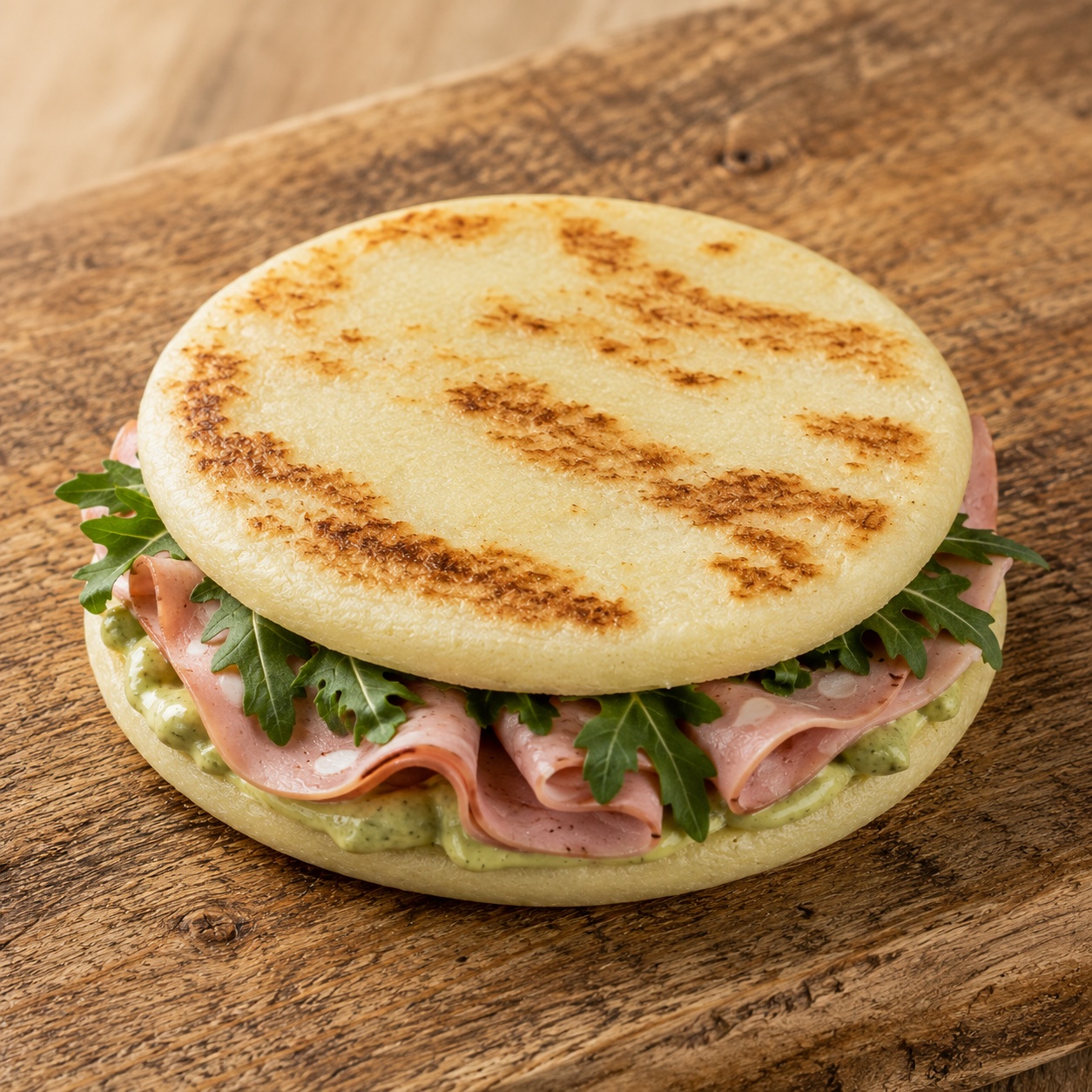 Two arepas sandwiched with folded mortadella, green pistachio cream and arugula