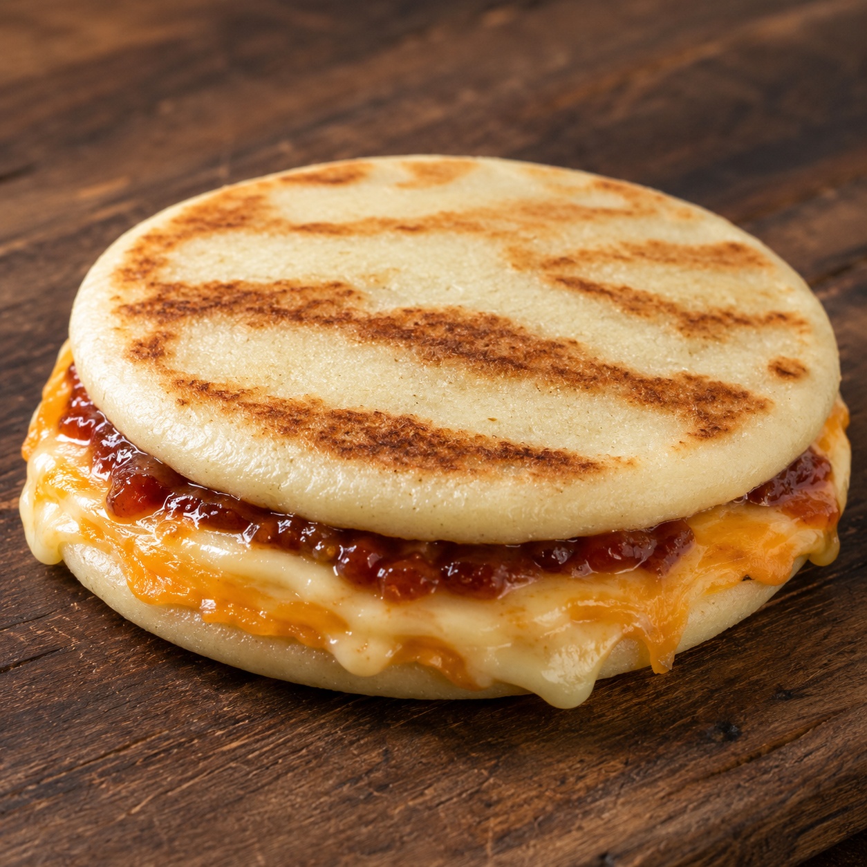 Two arepas pressed together with three melted cheeses and tomato jam