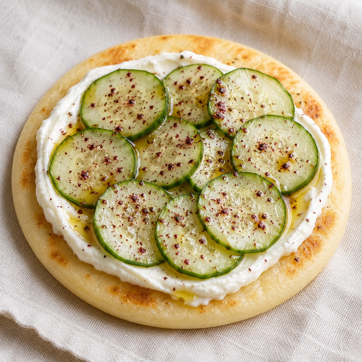 Arepa spread with labneh, cucumber slices, olive oil and sumac