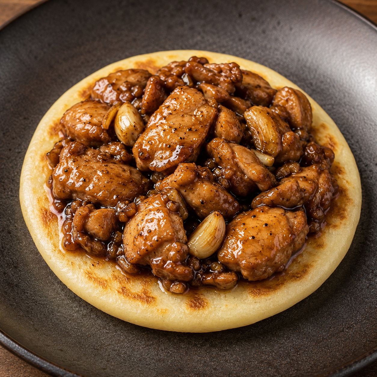 Arepa topped with glossy braised chicken adobo