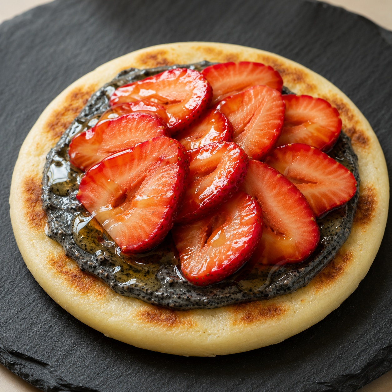 Arepa spread with dark grey black sesame butter, honey and sliced strawberries