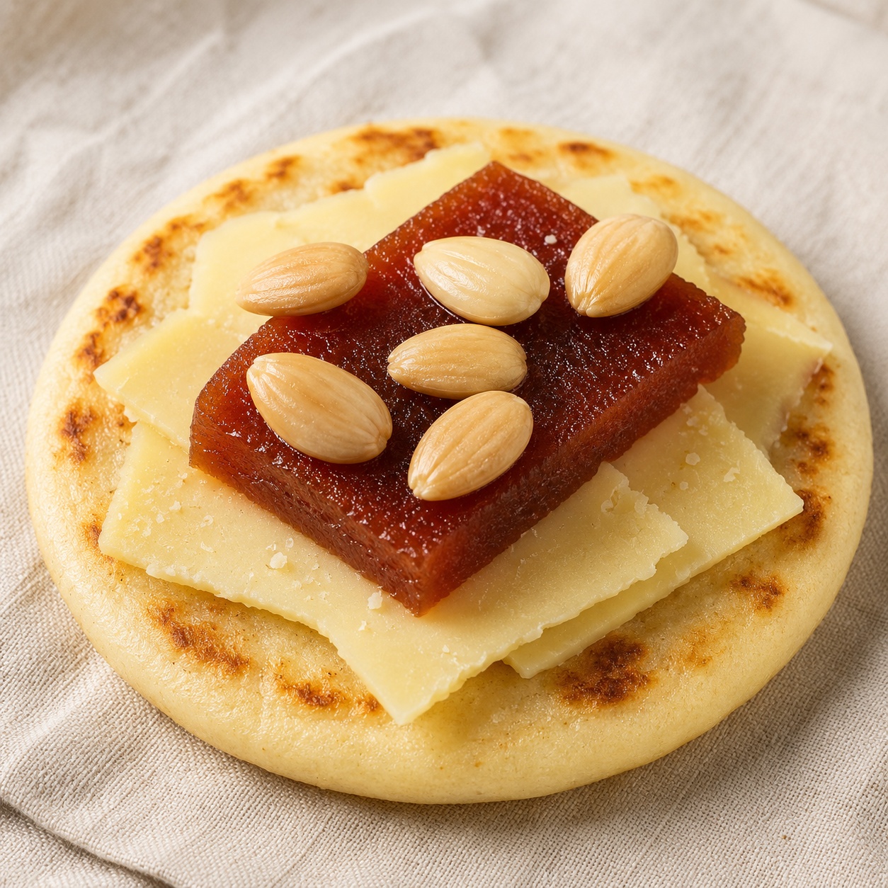 Arepa topped with sliced manchego, amber quince paste and marcona almonds