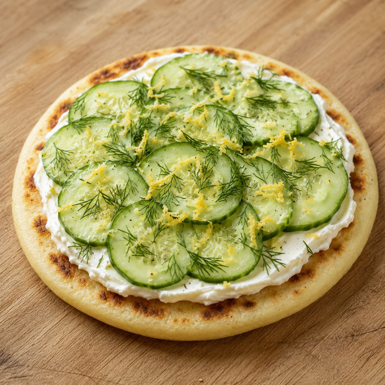 Arepa spread with cream cheese, cucumber slices, dill and lemon zest