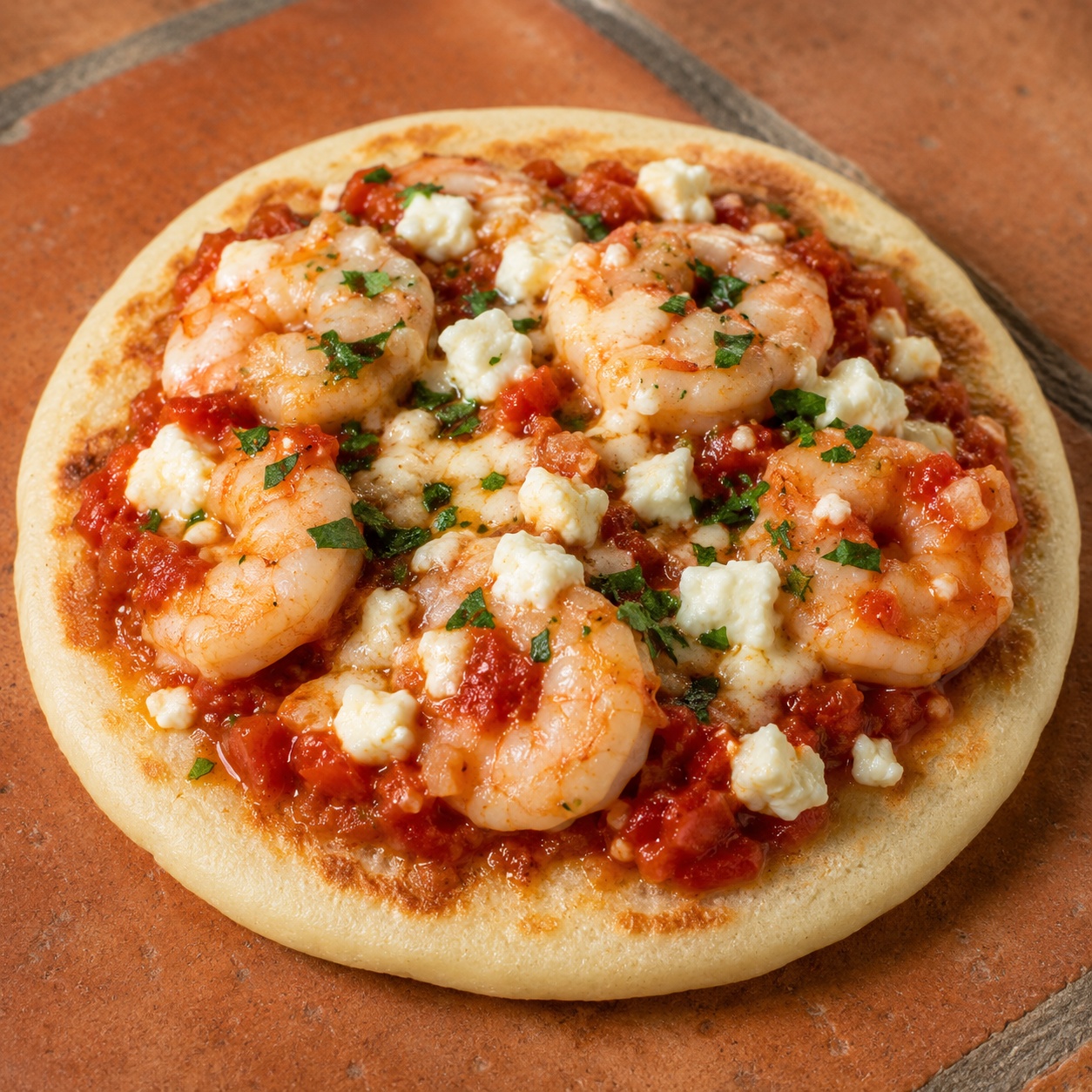 Arepa topped with shrimp in garlicky tomato sauce with melted feta