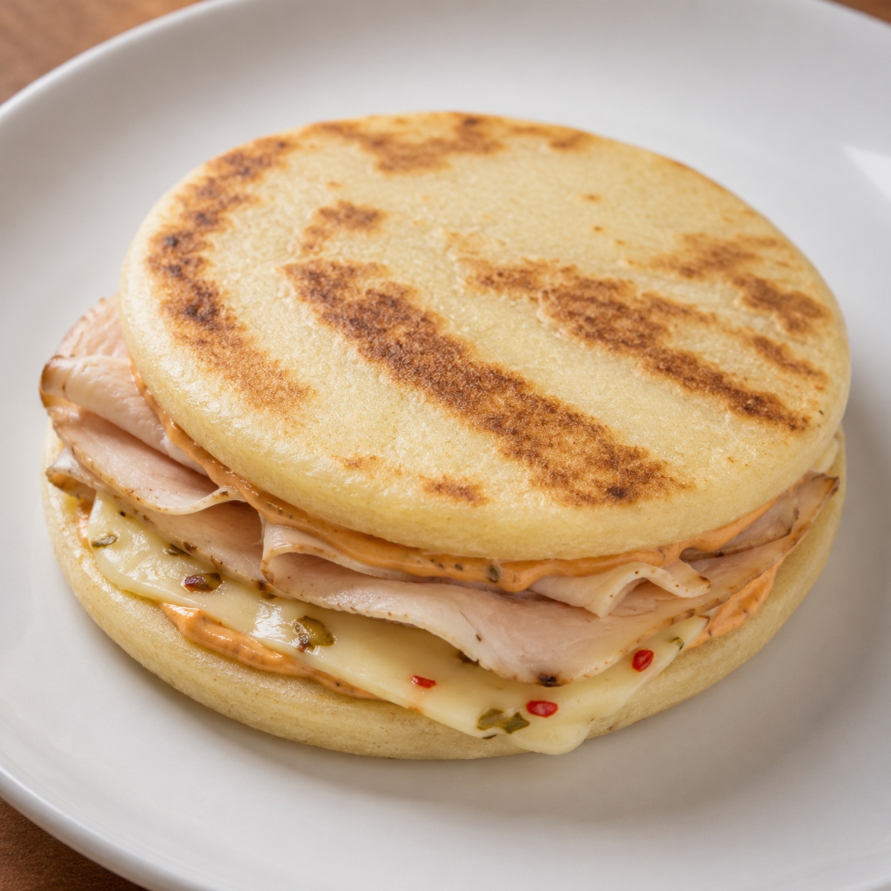 Two arepas sandwiched with turkey, pepper jack cheese and chipotle mayo
