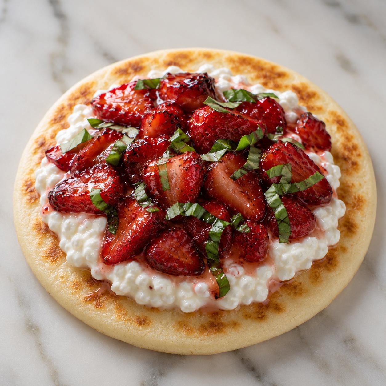 Arepa with cottage cheese, warm roasted strawberries and torn basil