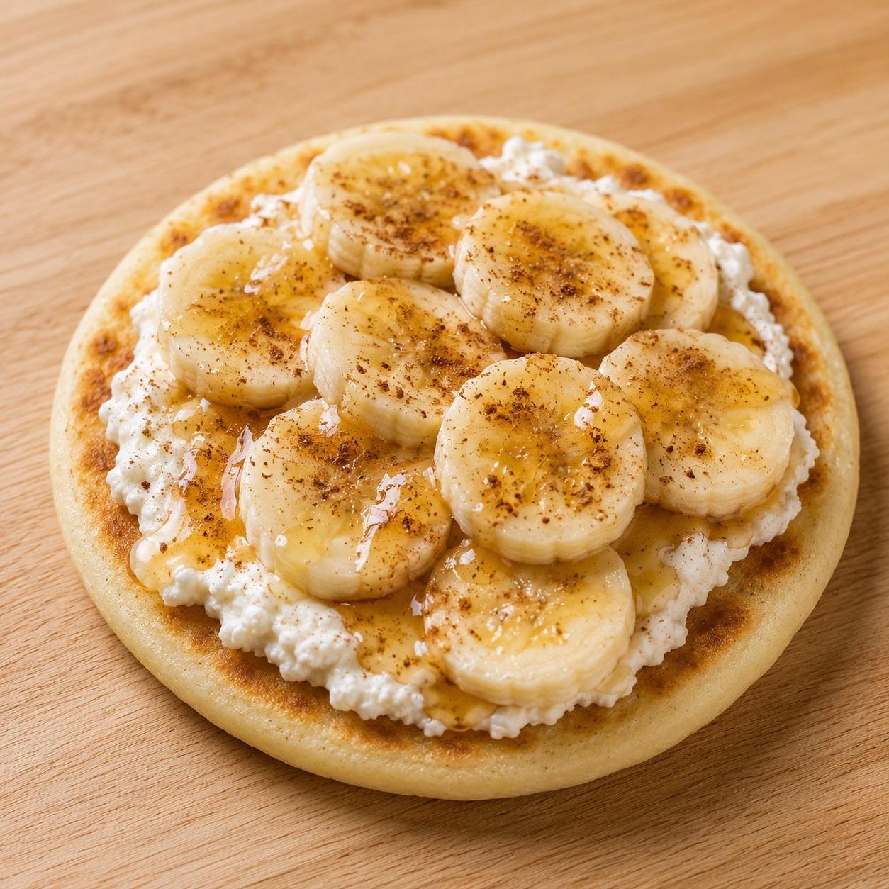 Arepa spread with ricotta, sliced banana, honey and cinnamon