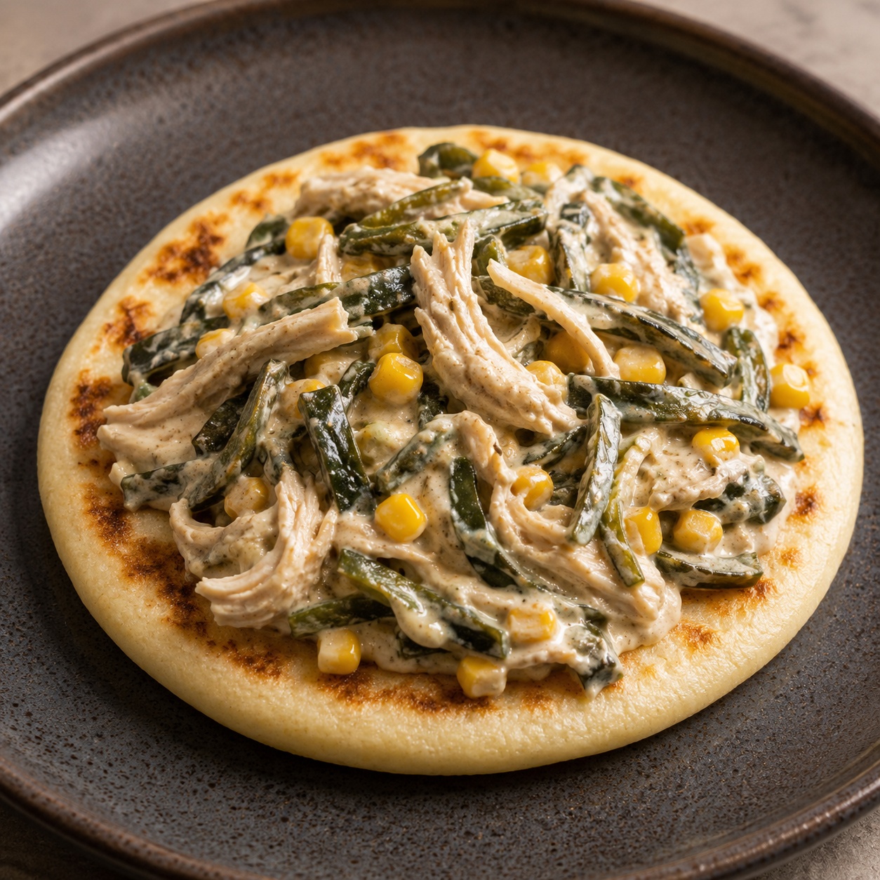 Arepa topped with roasted poblano strips and chicken in a cream sauce