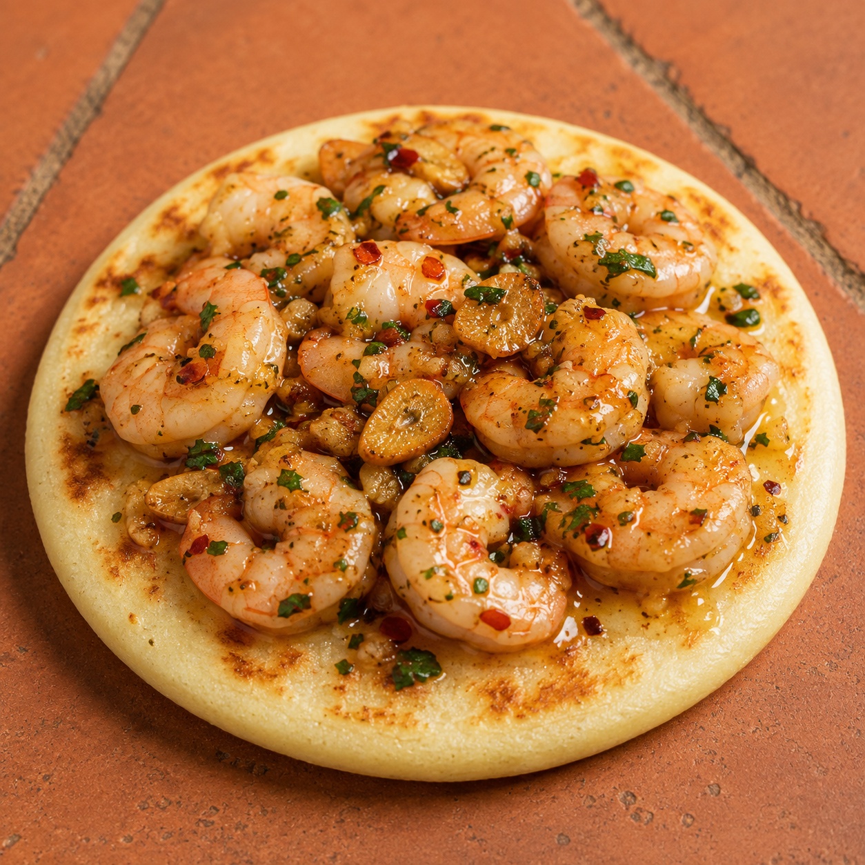 Arepa topped with garlic shrimp in chili-flecked olive oil