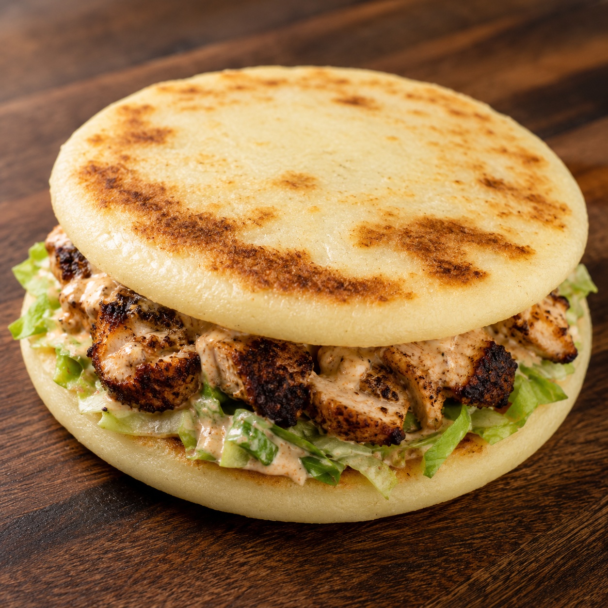 Two arepas sandwiched with blackened Cajun chicken in remoulade