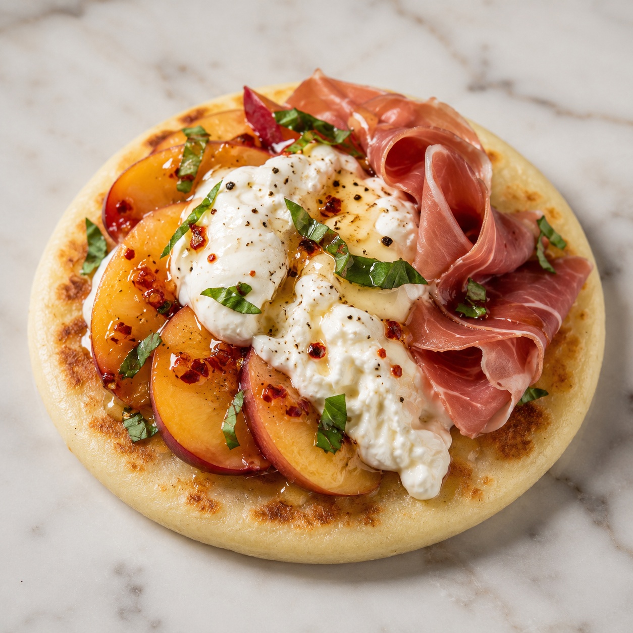 Arepa with torn burrata, peach slices, prosciutto, chili honey and basil