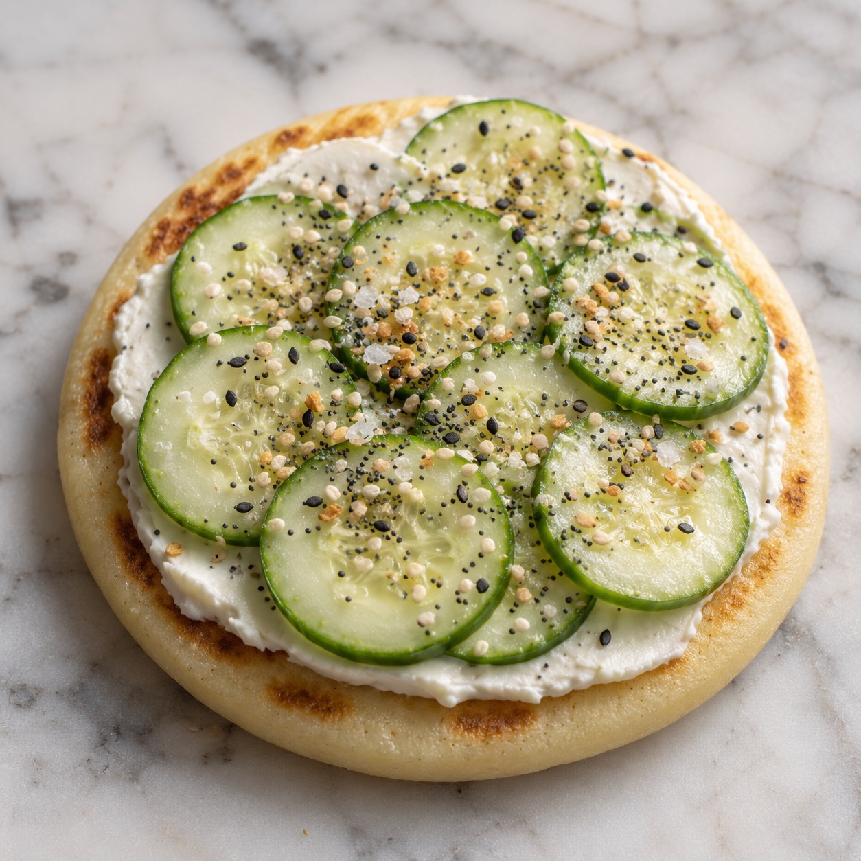 Arepa with cream cheese, thin cucumber slices and everything bagel seasoning