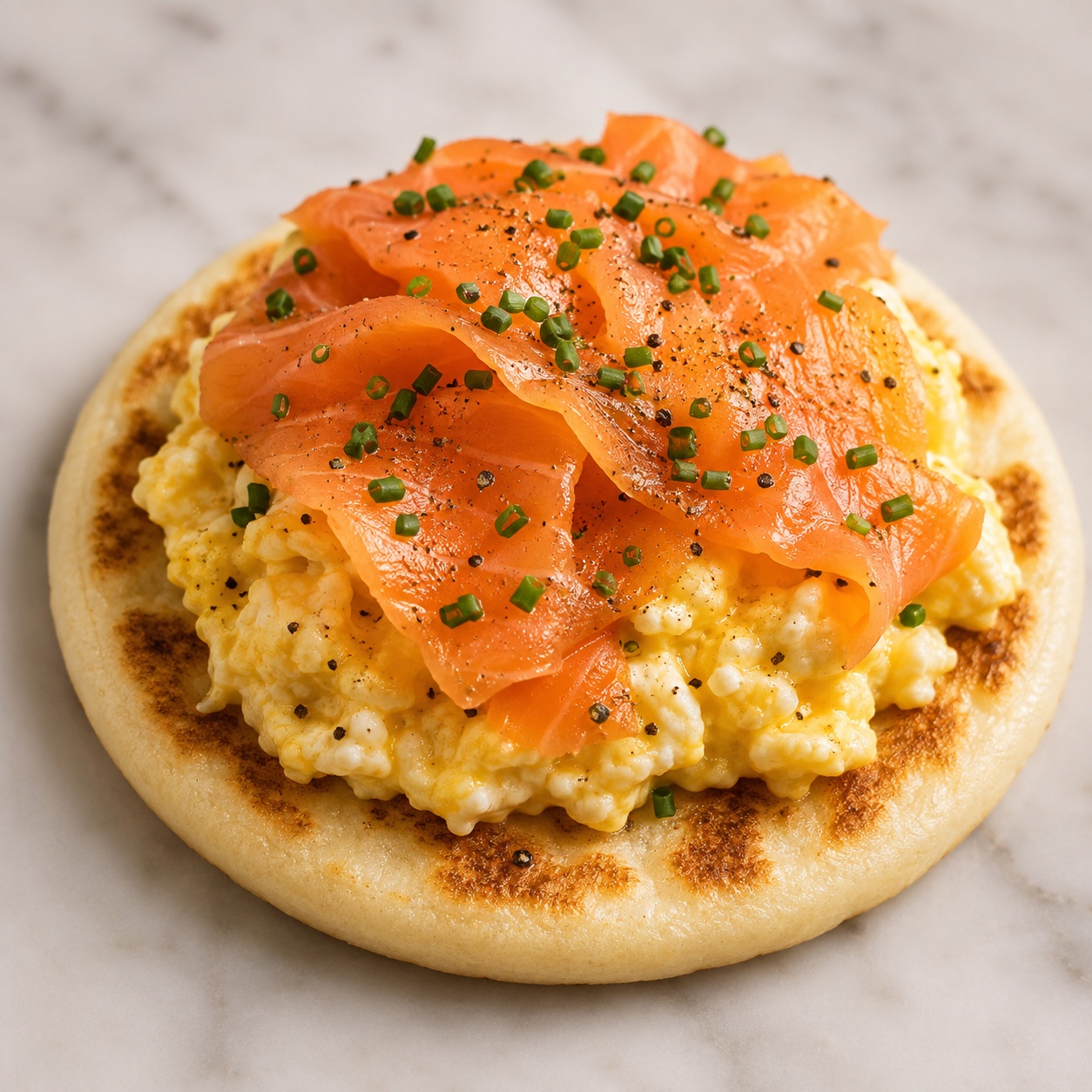 Arepa topped with soft scrambled eggs, smoked salmon and chives