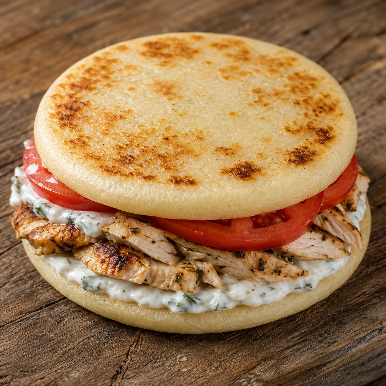 Two arepas sandwiched with Greek oregano chicken, tzatziki and tomato