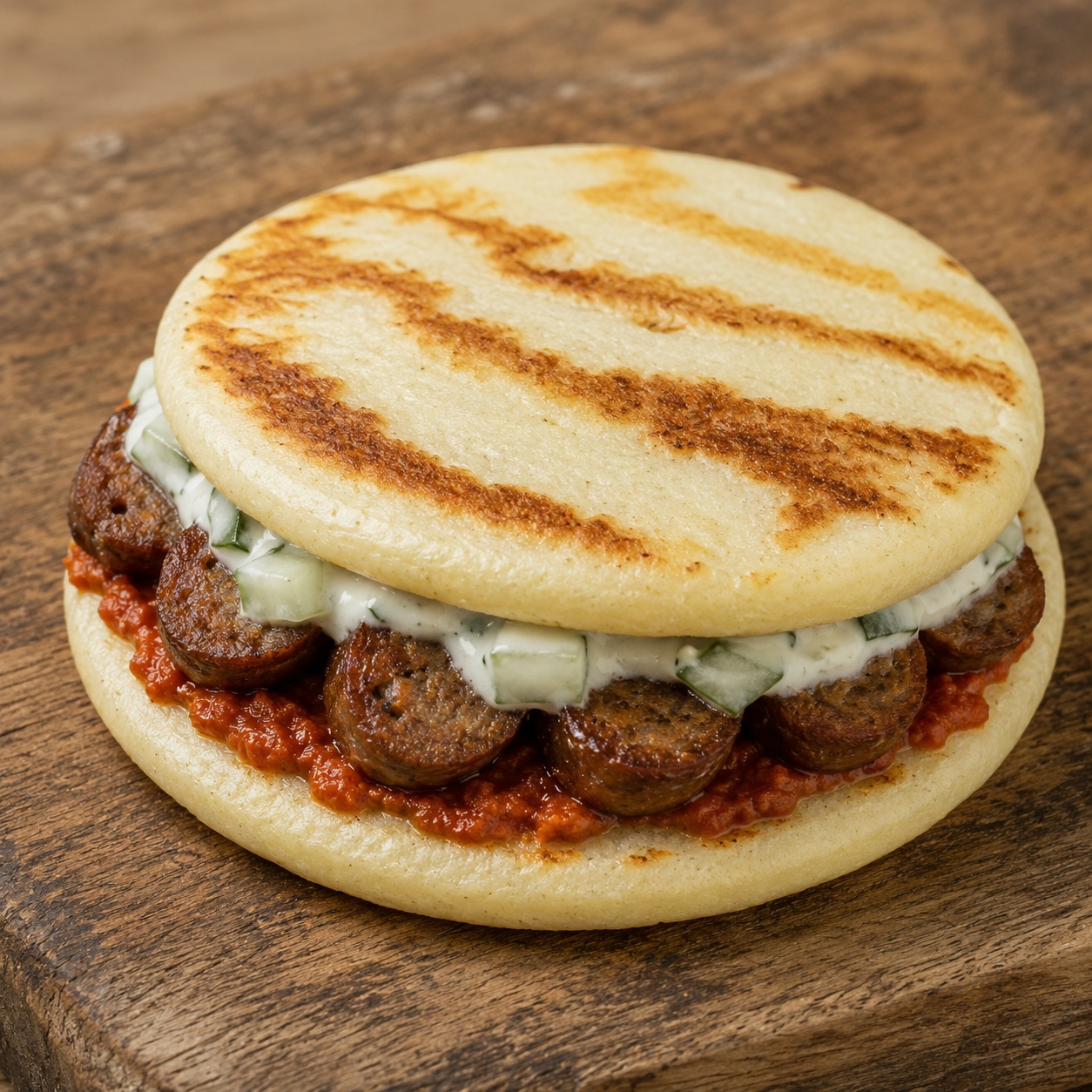 Two arepas pressed together with merguez sausage, harissa and cucumber yogurt