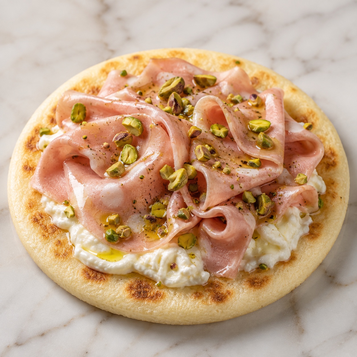 Arepa topped with creamy stracciatella, ruffled mortadella and chopped pistachio