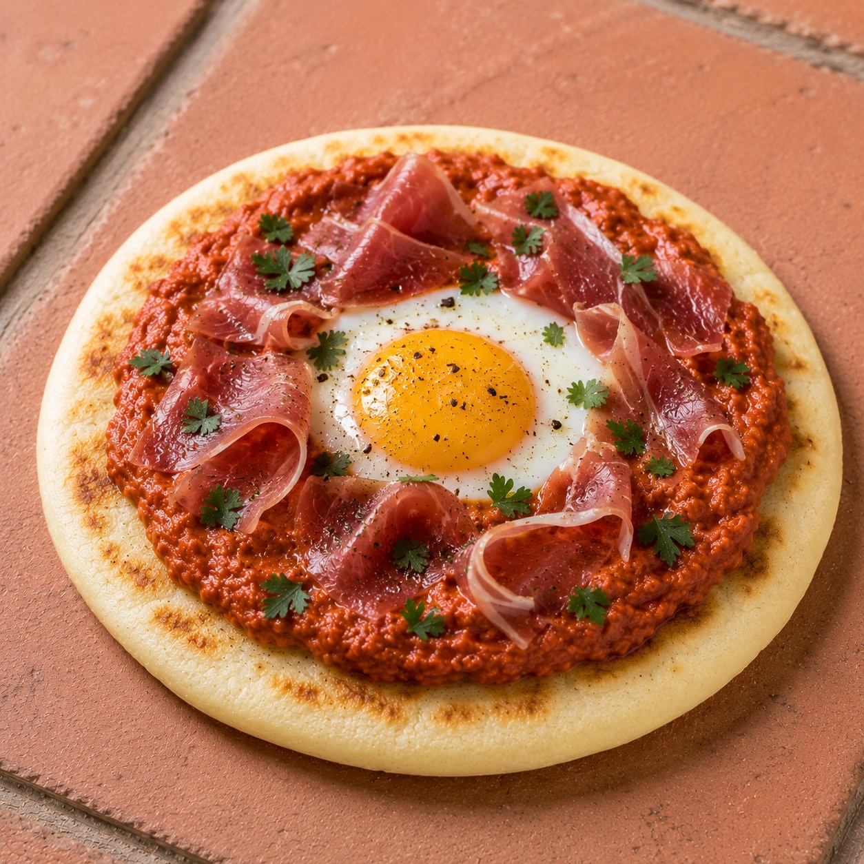 Arepa topped with eggs baked in smoky red romesco sauce with serrano ham