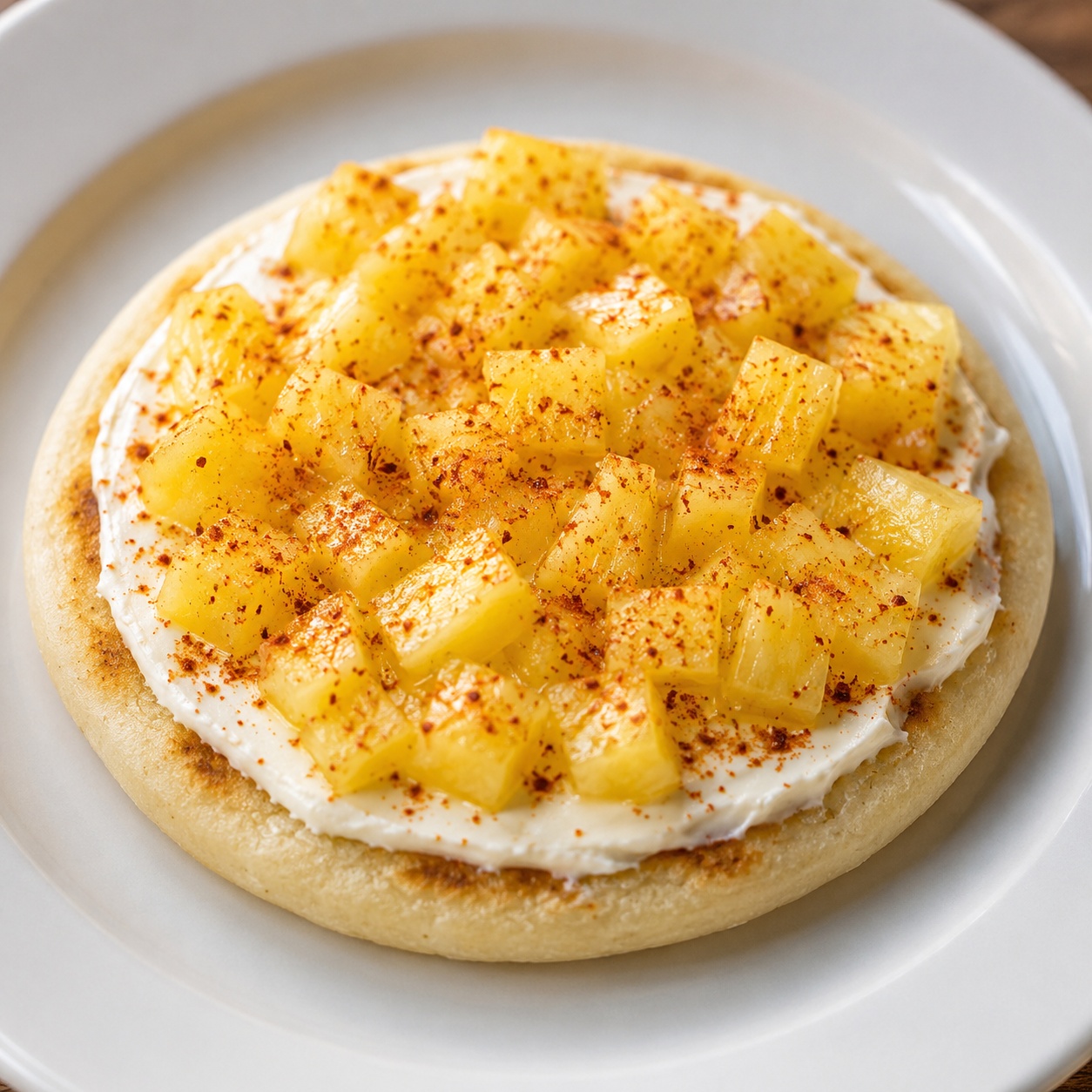 Arepa spread with cream cheese, diced pineapple and a dusting of Tajín
