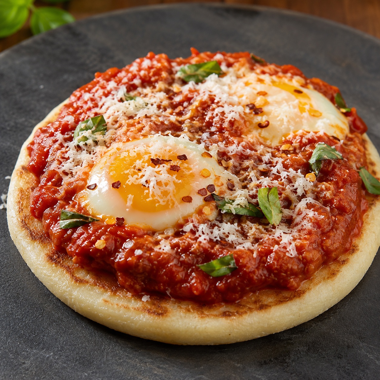 Arepa topped with eggs baked in garlicky marinara with grated parmesan